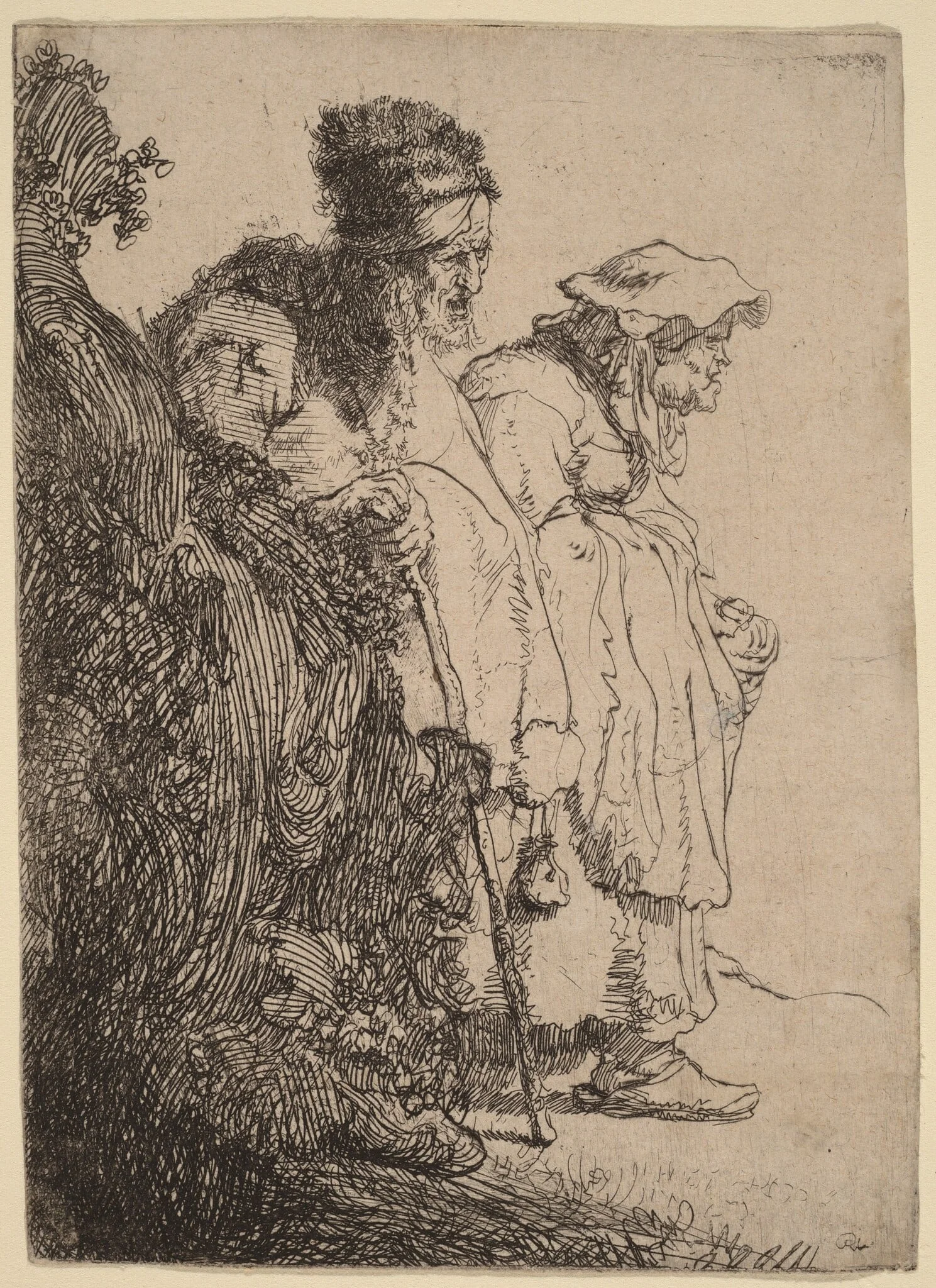 Beggar Man and Woman behind a Bank, detail