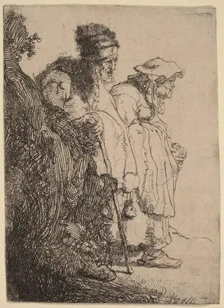 Beggar Man and Woman behind a Bank, by Rembrandt van Rijn, ink, 1630
