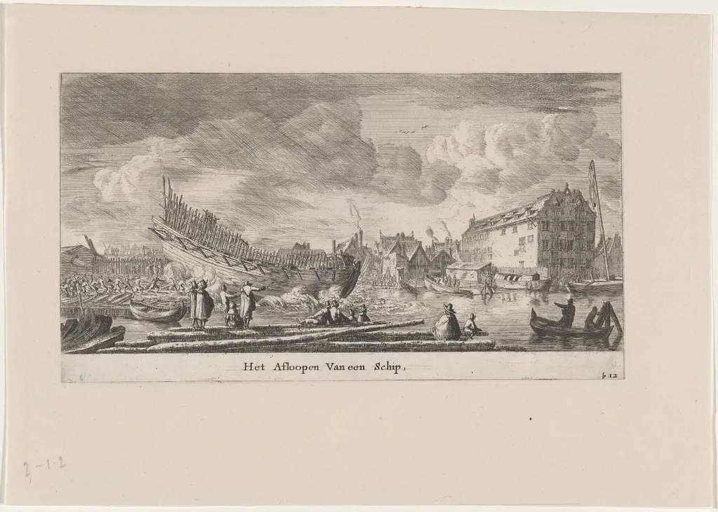 The Launch of a Ship, by Nooms, called Zeeman, Reinier, ink, 1653