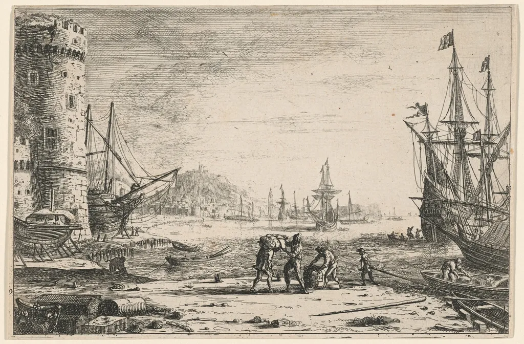 Harbor with a Large Tower (Le Port de mer à la grosse tour), by Claude Lorrain, ink, 1641