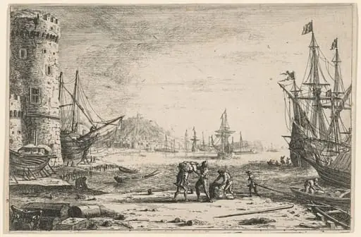 Harbor with a Large Tower (Le Port de mer à la grosse tour), by Claude Lorrain, ink, 1641