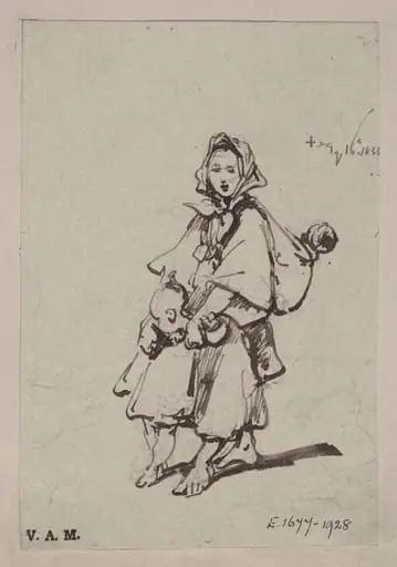 A boatwoman with two children, one of them strapped to her back, by George Chinnery, 1834