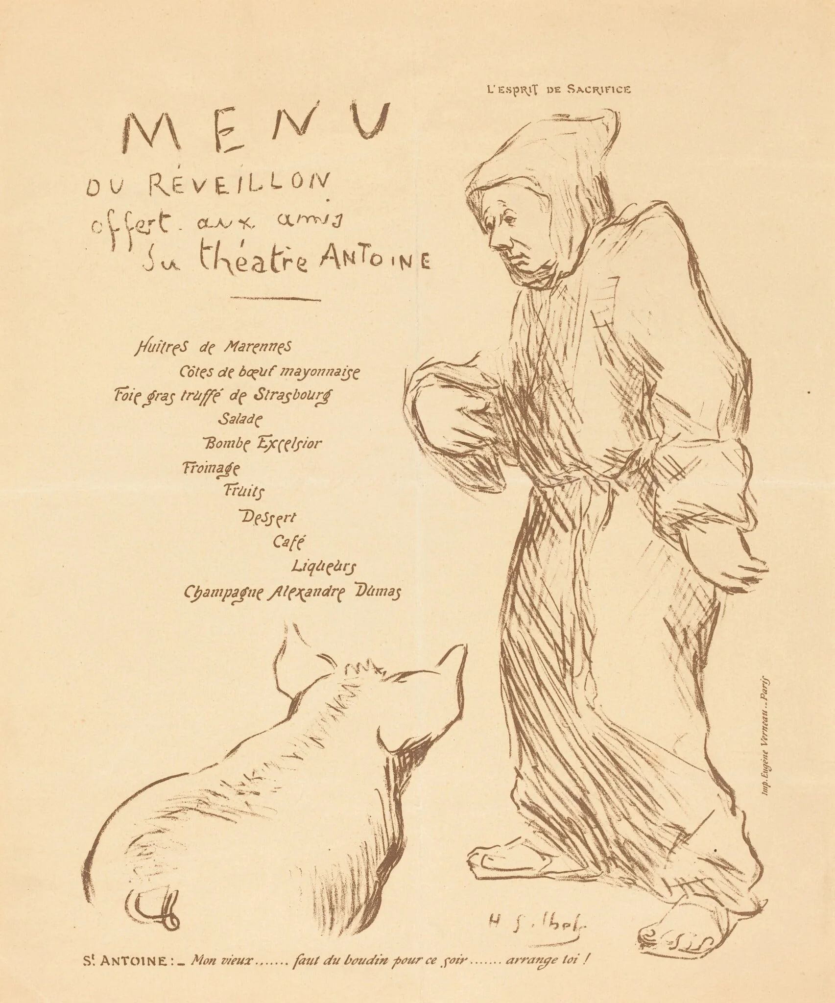 Menu du réveillon offert aux amis du Théâtre Antoine, detail