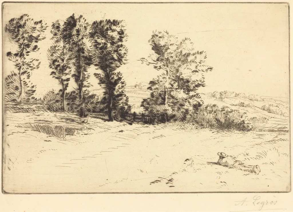 Meadow in Sunshine (Le pre ensoleille), by Alphonse Legros, ink, 1874