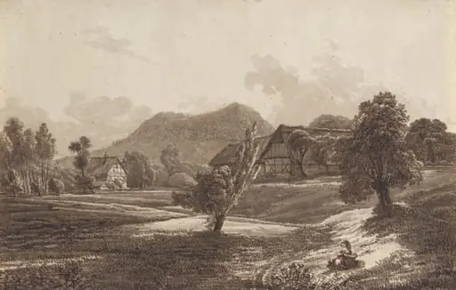 Lusatian Landscape with the Landeskrone Mountain, by Christoph Nathe, ink, 1790