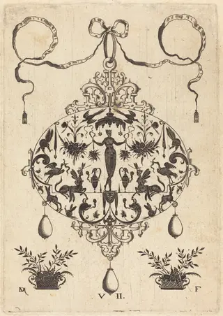 Large Pendant, Flora Standing, Holding a Fruit Garland, by Daniel Mignot, ink, 1596