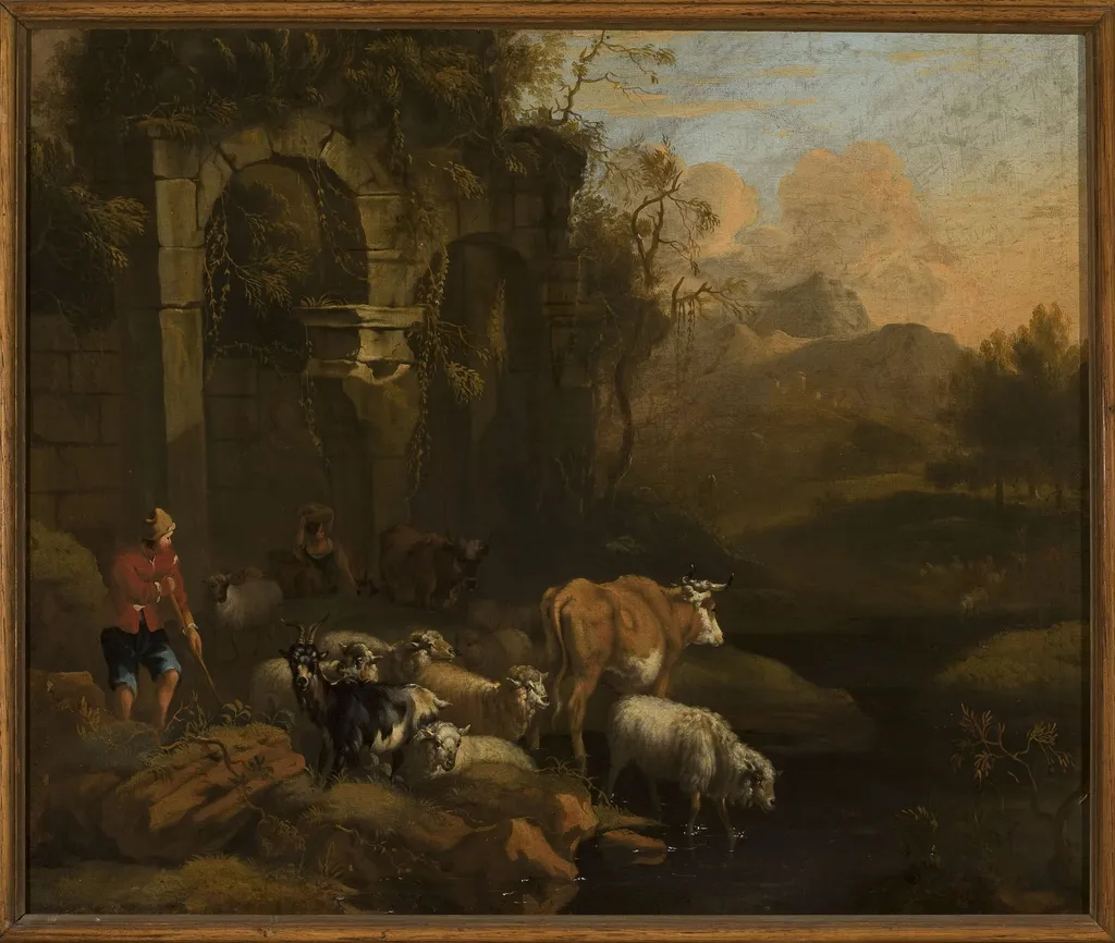 Cattle at the waterhole, by Michiel Carree, oil, 1702