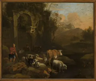 Cattle at the waterhole, by Michiel Carree, oil, 1702