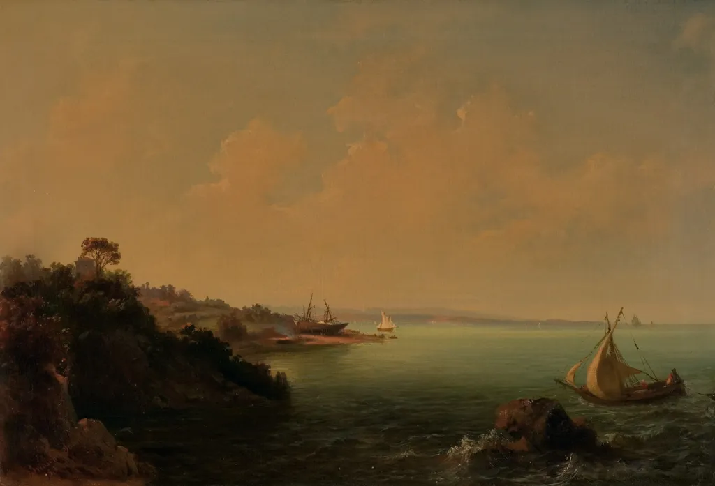 Felsküste und Segelboote, by Carlo Brioschi, oil, 1853
