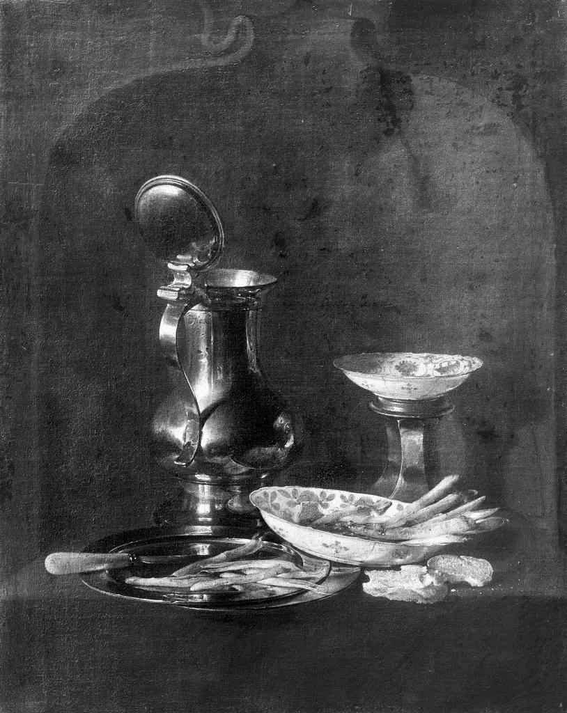 Still life with pewter utensils and Chinese bowls, by Jan Treck, paint, 1650