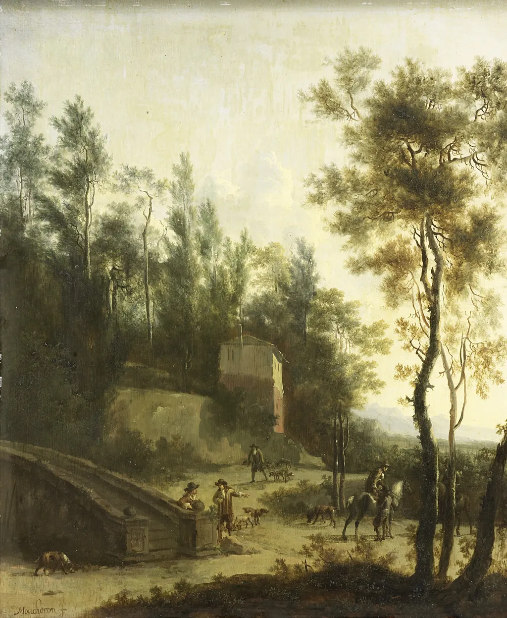 Italian landscape with hunters, by Frederik de Moucheron, oil, 1673