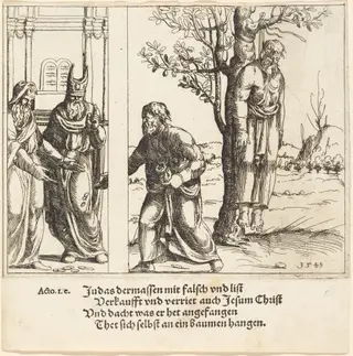 Judas Returns the Thirty Pieces of Silver, by Augustin Hirschvogel, ink, 1548
