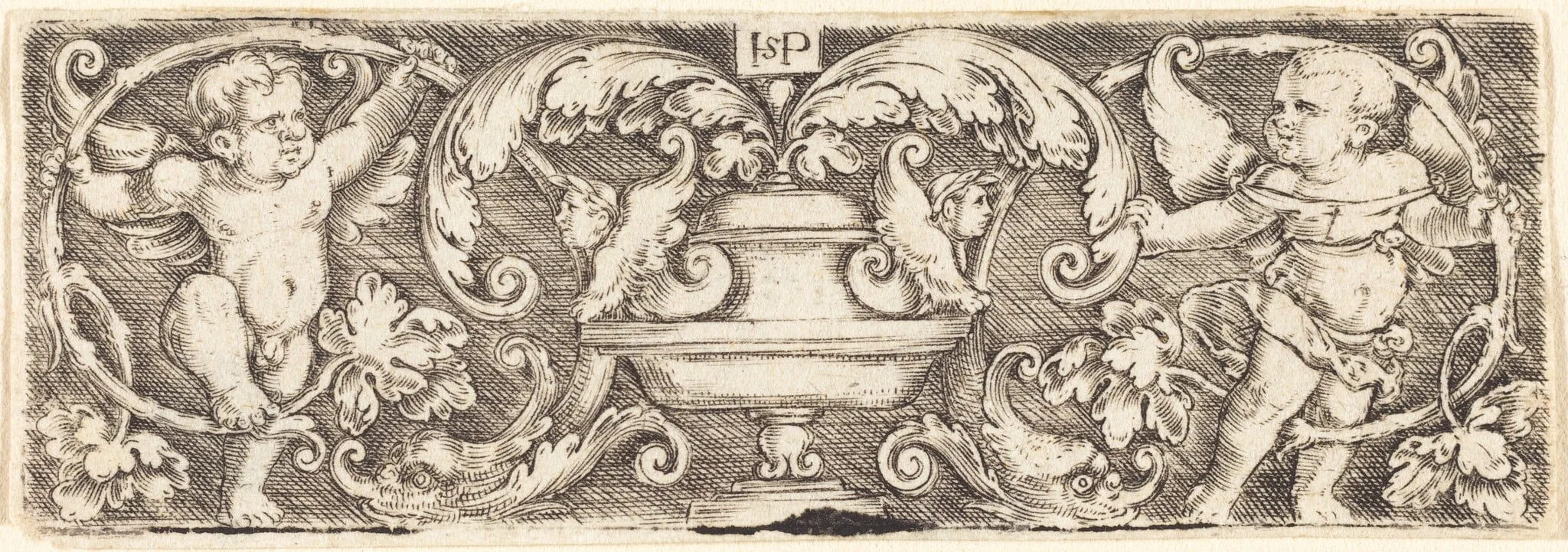 Ornament with a Vase Between Two Genii, detail