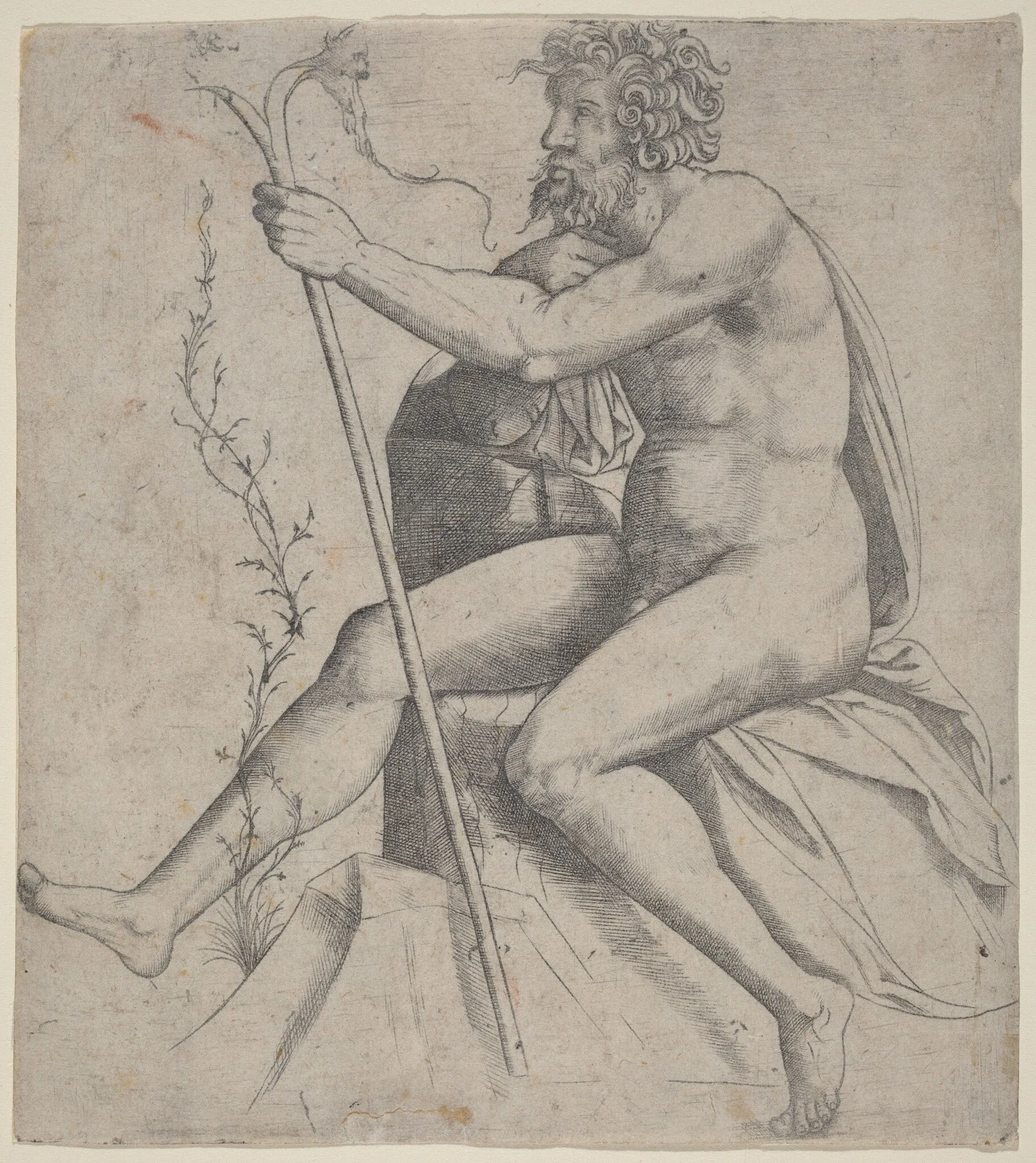 Man Seated Holding a Forked Staff, detail