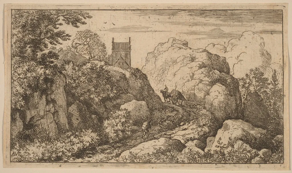 Cart in a Narrow Pass, by Allart van Everdingen, ink, 1650