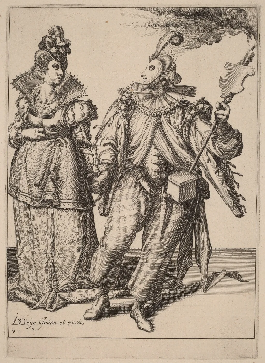 A Woman Led by a Player Holding a Torch, by Zacharias Dolendo, ink, 1596