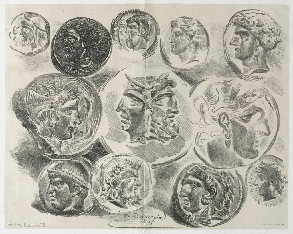 Feuille de douze médailles antiques, by Eugène Delacroix, 1825