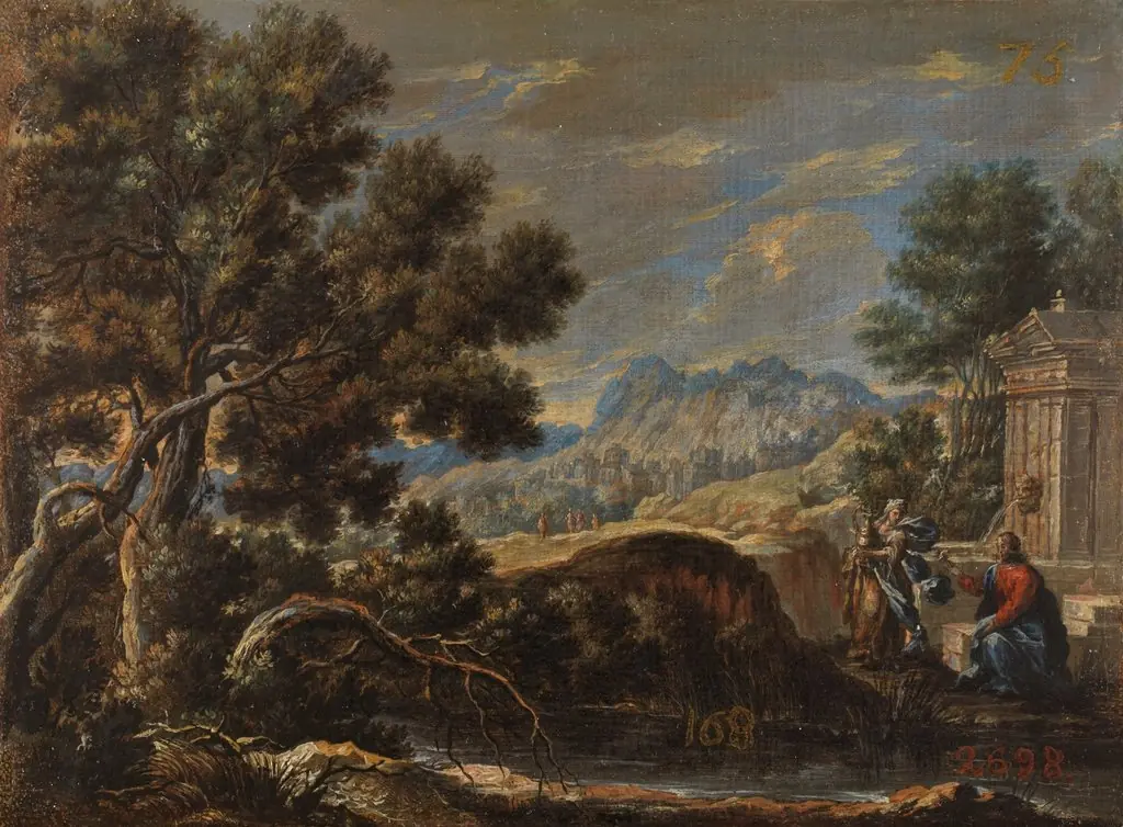 Cristo y la samaritana en un paisaje, by Pedro Rodriguez de Miranda, oil, 1740