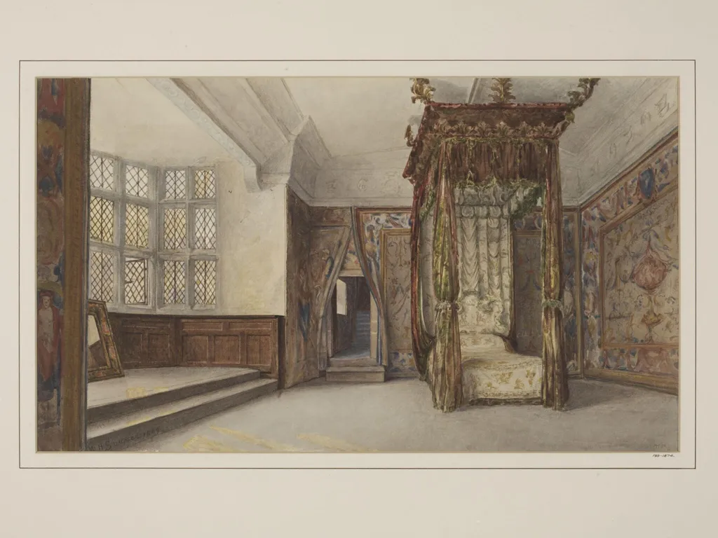 Queen Elizabeth's Bedroom, Haddon Hall, by Sounes, watercolor, 1869