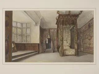 Queen Elizabeth's Bedroom, Haddon Hall, by Sounes, watercolor, 1869
