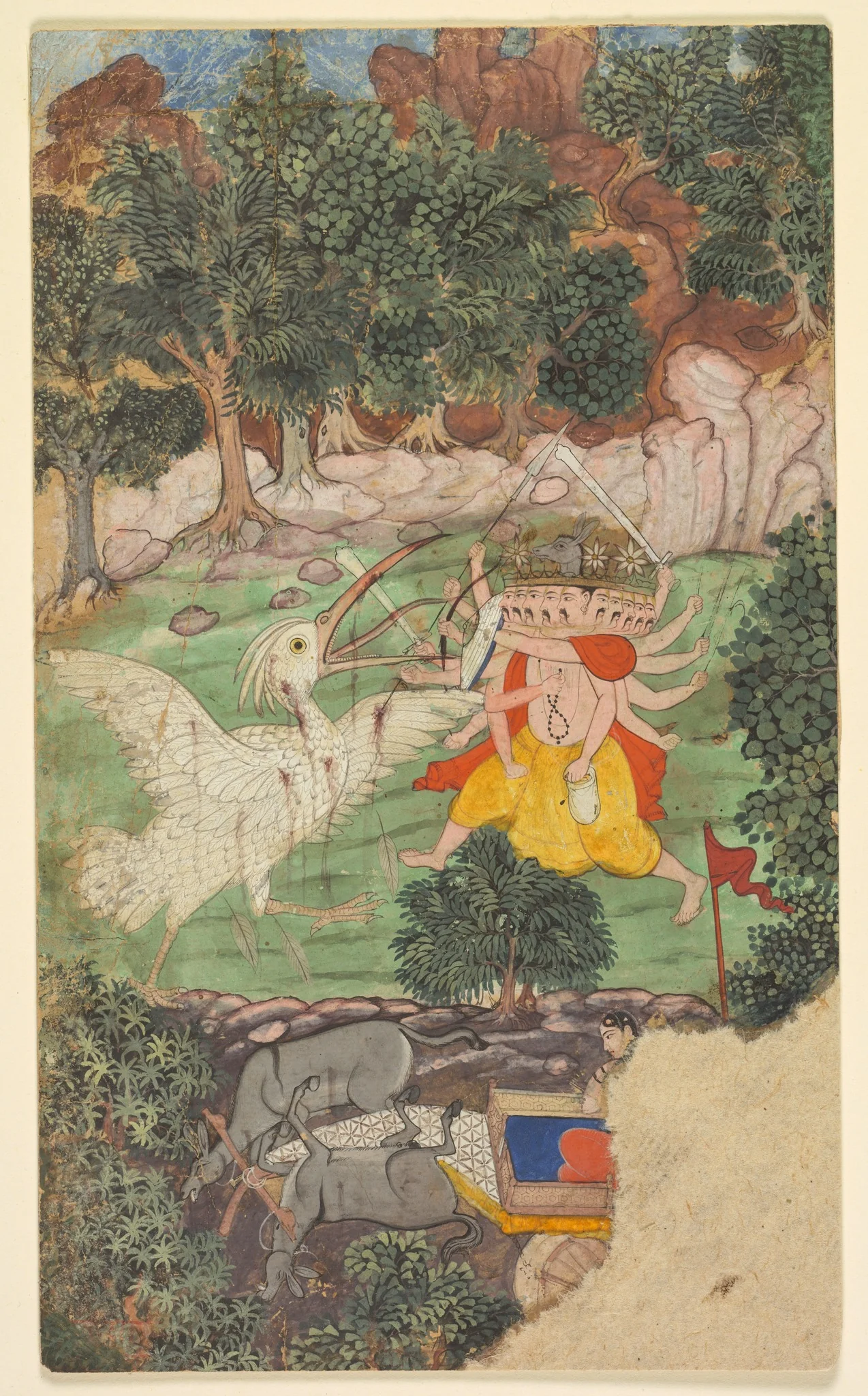 Battle of Ravana and Jatayu, from Chapters 50 and 51 of the Aranya Kanda (Book of the Forest) of Valmiki's Ramayana (Rama’s Journey); folio from the "Burnt" Ramayana, detail