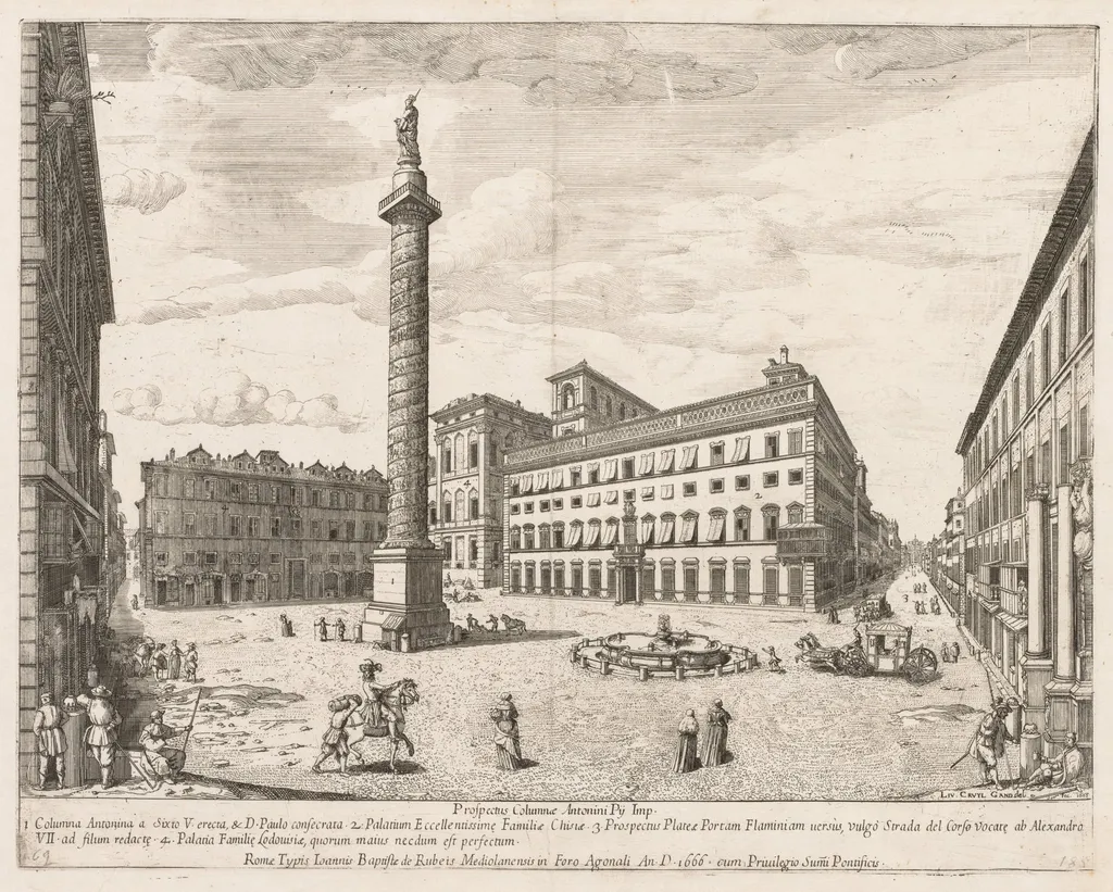 Piazza Colonna from "Prospectus Locurum Urbis Romae Insign[ium]", by Lievin Cruyl, 1666