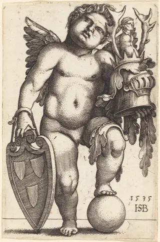 Female Genius Holding a Coat of Arms, by Sebald Beham, ink, 1535