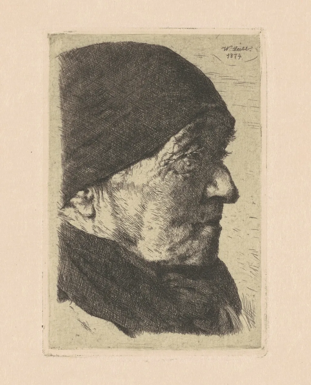 Portrait of an Old Peasant Woman, in Profile to the Right, by Wilhelm Leibl, ink, 1874