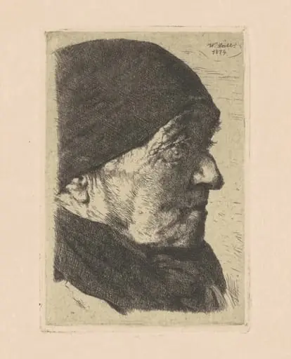 Portrait of an Old Peasant Woman, in Profile to the Right, by Wilhelm Leibl, ink, 1874
