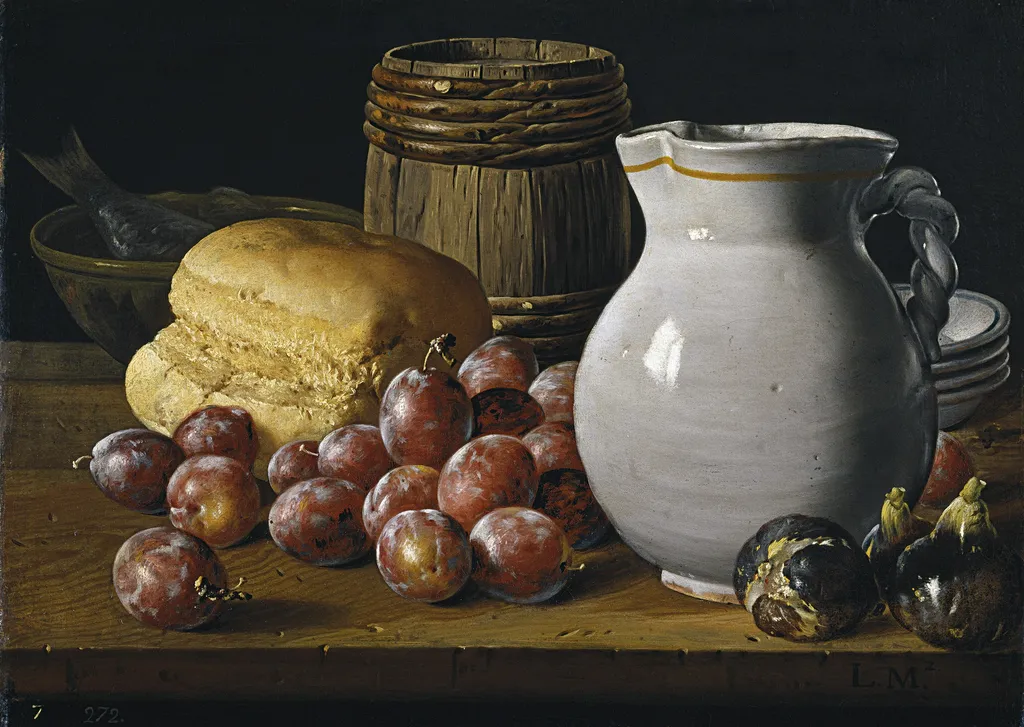 Still Life with Plums Figs Bread Barrel Jug and Other Vessels, by Luis Egidio Meléndez, oil, 1750