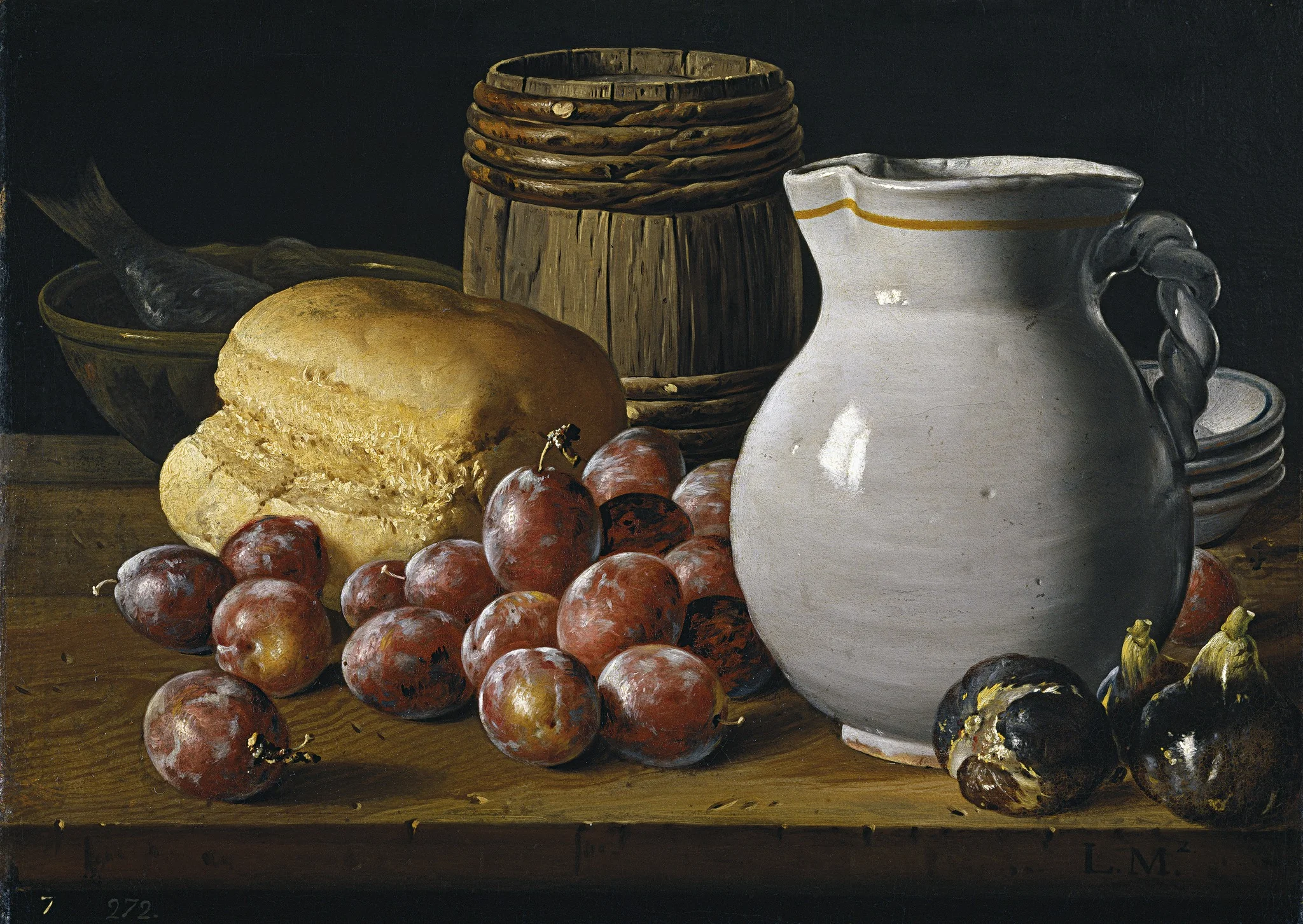 Still Life with Plums Figs Bread Barrel Jug and Other Vessels, detail