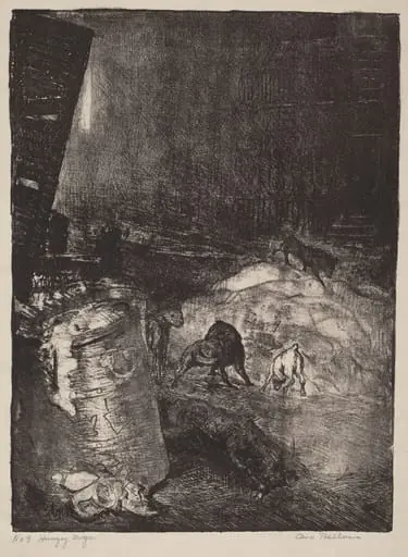 Hungry Dogs, second stone, by George Bellows, ink, 1916