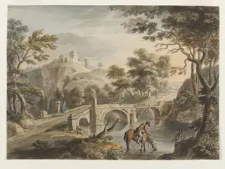 Landscape with Bridge, by Coplestone Warre Bampfylde, watercolor, 1750