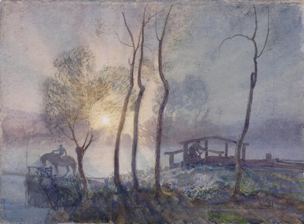 The Lock at Sunrise, by Joseph Walter West, watercolor, 1880