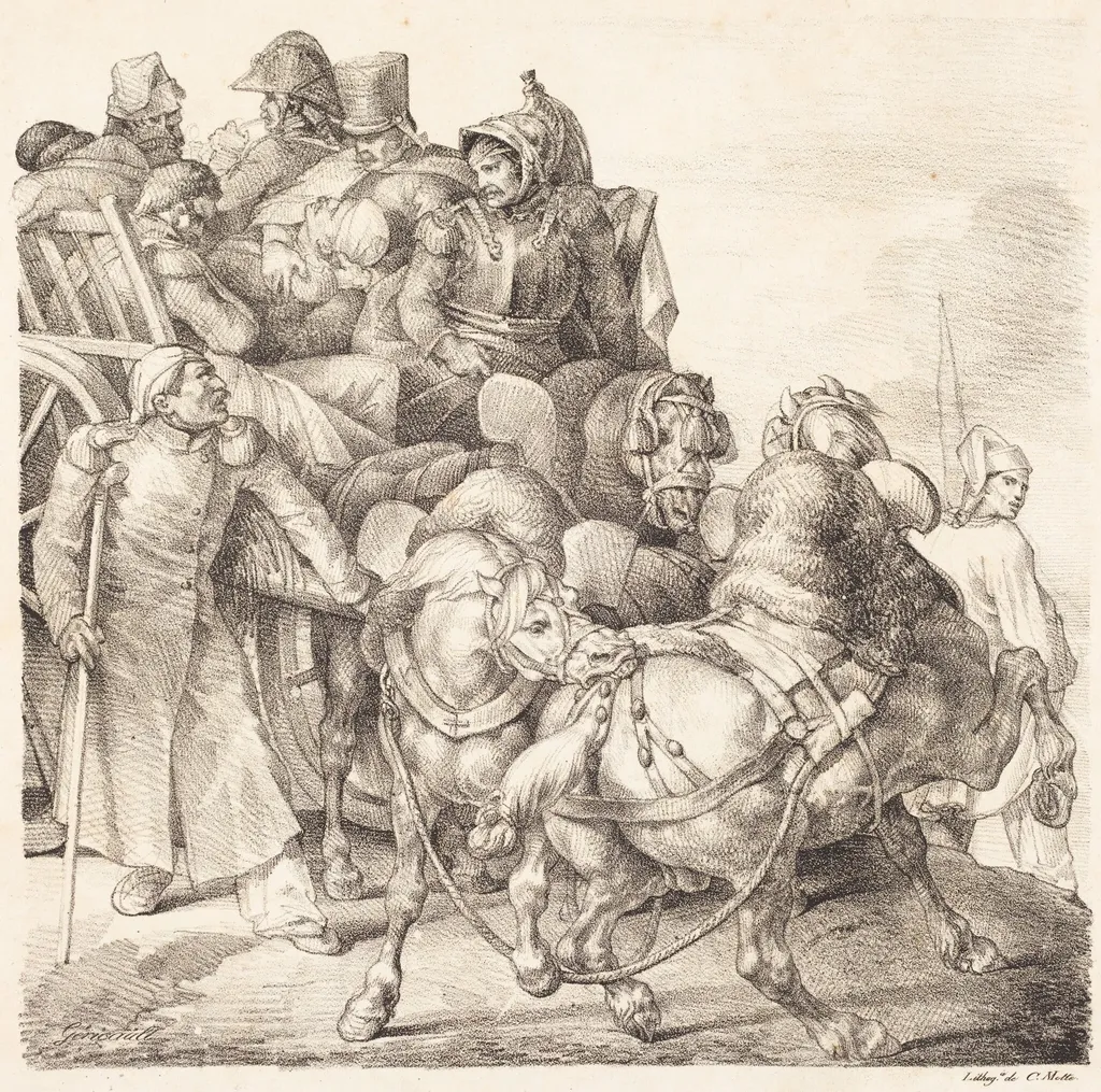 Cart Filled with Wounded Soldiers (Chariot charge de soldats blesses), by Théodore Géricault, ink, 1818