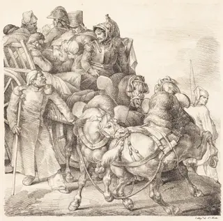 Cart Filled with Wounded Soldiers (Chariot charge de soldats blesses), by Théodore Géricault, ink, 1818