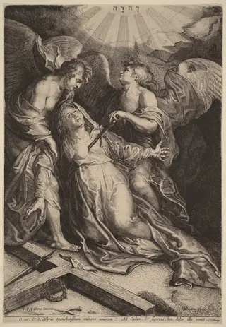 Mater Dolorosa Kneeling, Supported by Two Angels, by Willem van der Leeuw, ink, 1634