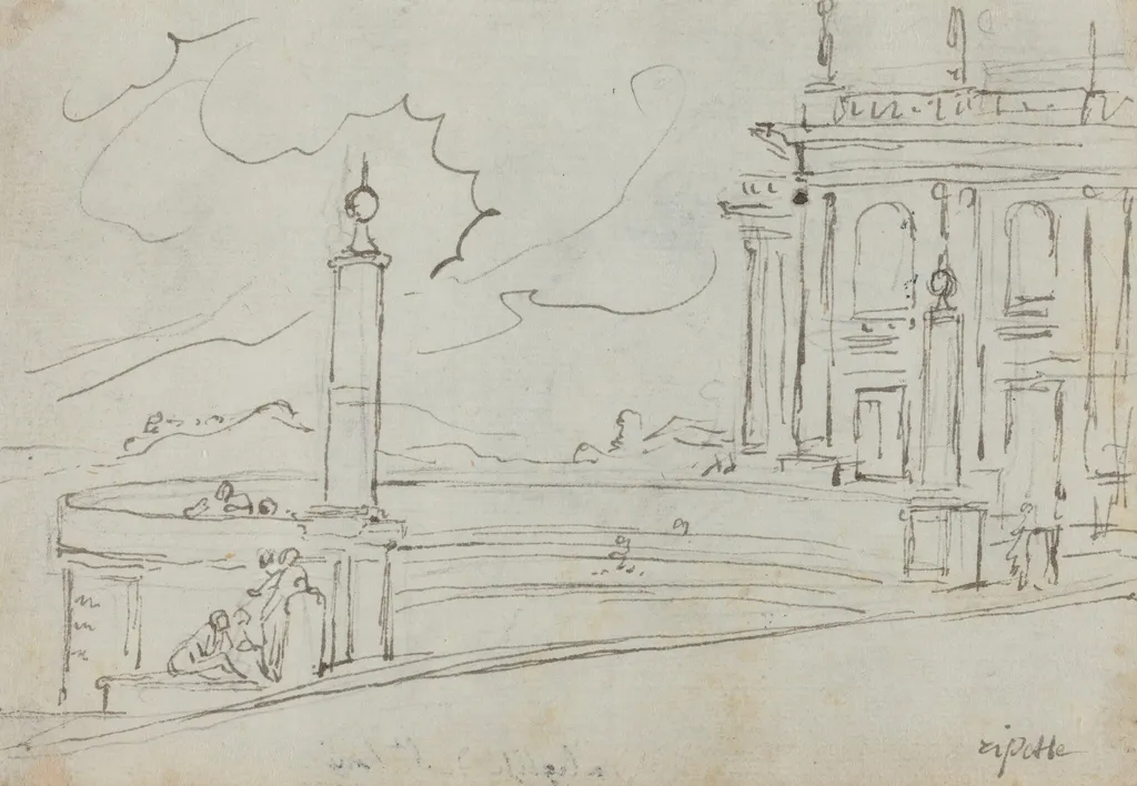 The Ripetta in Rome [verso], by Augustin Pajou, chalk, 1754