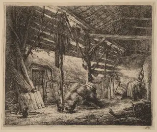 Interior of a Barn with a Peasant Woman at Work, by Adriaen van Ostade, ink, 1647