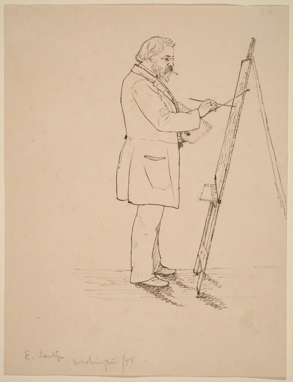 Sketching - Emanuel Leutze, by John Quincy Adams Ward, ink, 1858