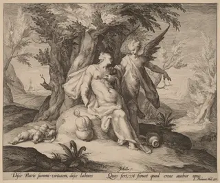Hagar in the Desert Consoled by an Angel, by Jan Muller, ink, 1591