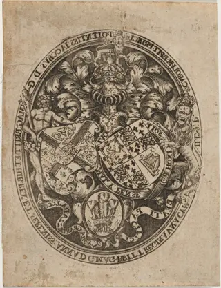 Shield of James I, Anne of Denmark, and Prince Charles, by Simon van de Passe, ink, 1621
