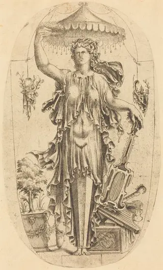 Woman with Musical Instrument, by Jean Mignon, ink