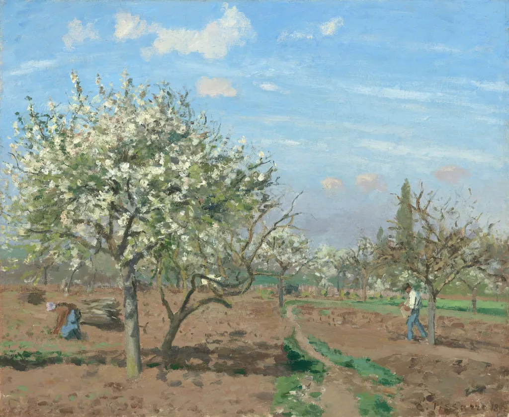Orchard in Bloom, Louveciennes, by Camille Pissarro, oil, 1872