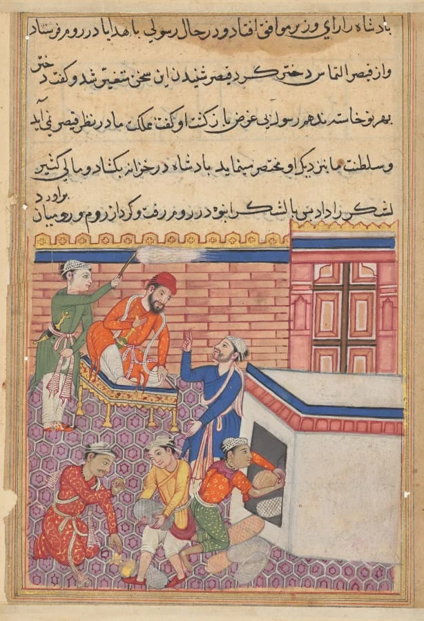 The king’s emissary being provided with gifts for his mission to Rum in order to seek the hand of the emperor’s daughter in marriage, from a Tuti-nama (Tales of a Parrot): Fiftieth Night, detail