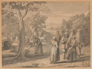 October, Drawing the Honey from the Beehives, by Claude Simpol, gouache, 1645