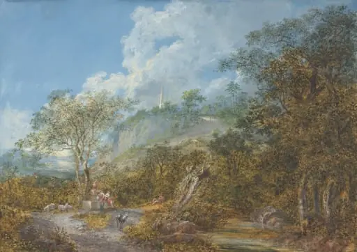 Arcadian Landscape with an Obelisk, by Salomon Gessner, gouache
