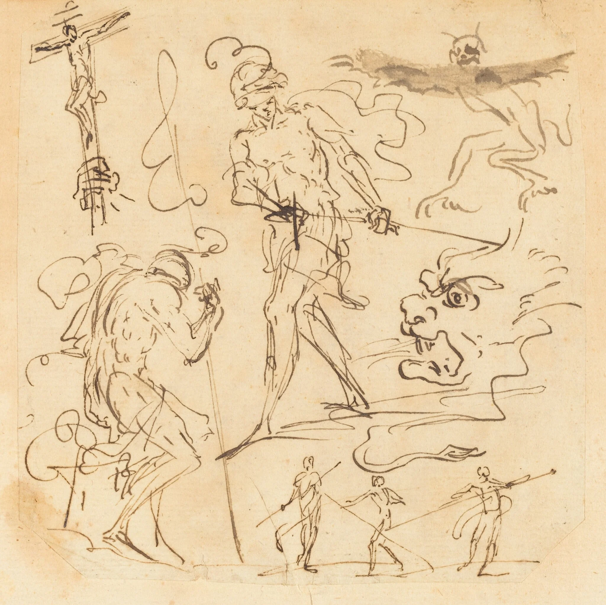 Sheet of Studies with a Soldier Drawing a Sword, a Crucifix, Monstrous Animals, and Other Figures, detail