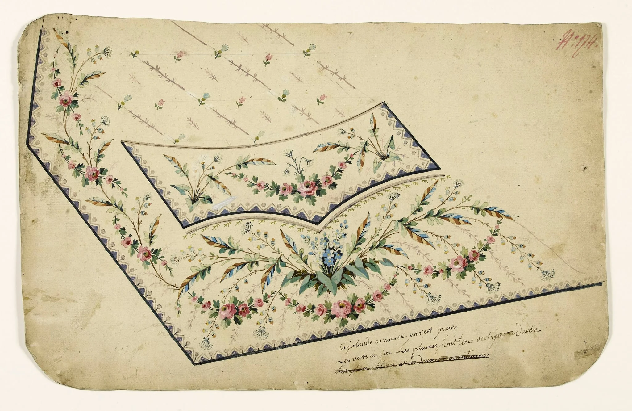 Composition de bouquets de bleuets et guirlandes de roses, frises de chevrons et de perles, projets de broderies de gilet, XVIIIème siècle, detail