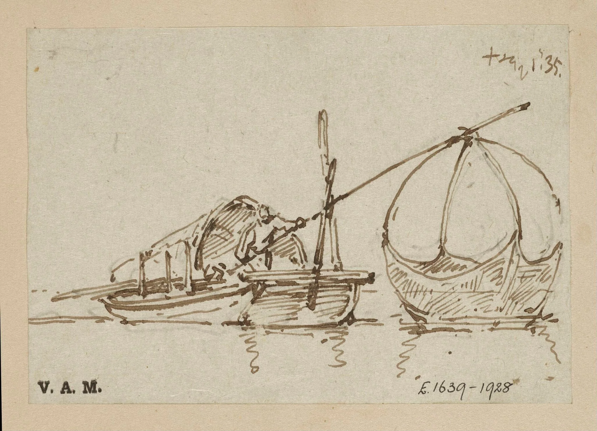 A Tanka boat with a figure operating a lift net, detail